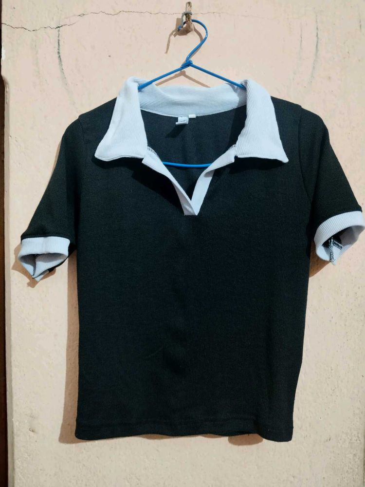 Cute Black Polo Crop Top