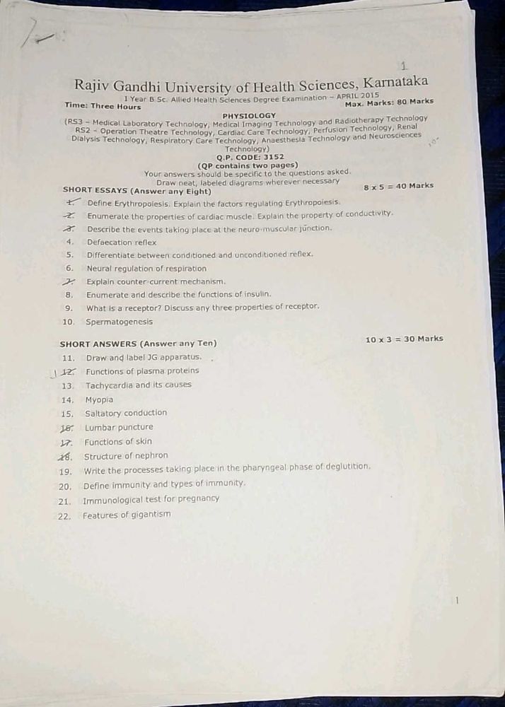 Physiology Question Papers Years Qp Code 3152
