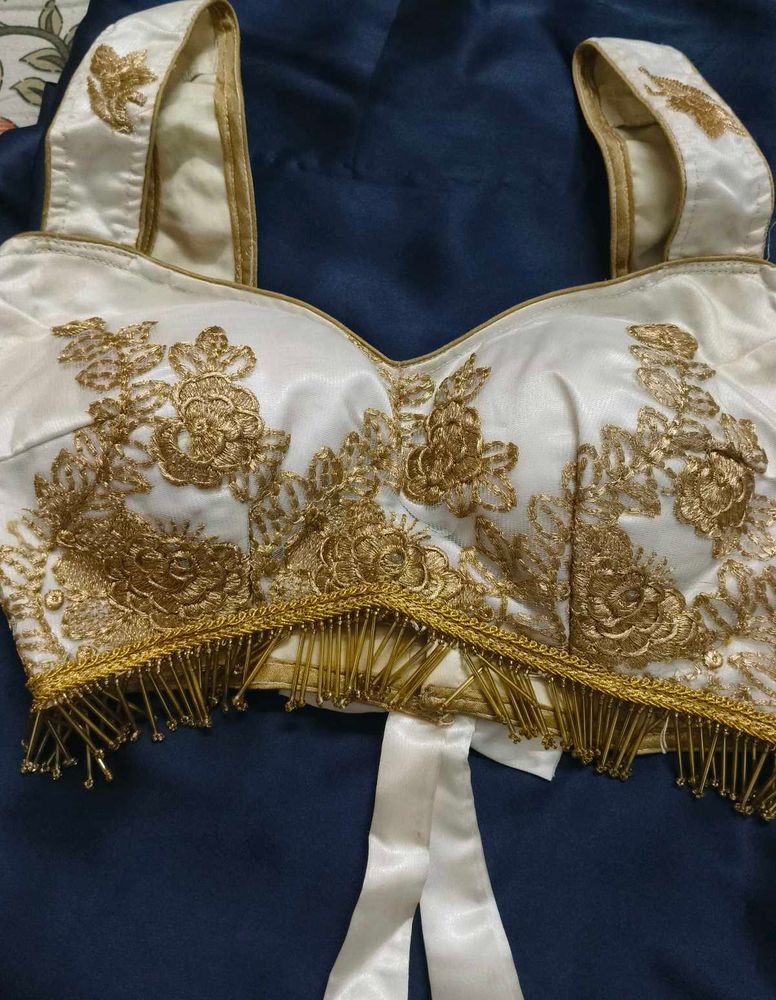 Elegant White &amp; Gold Embroidered Blouse