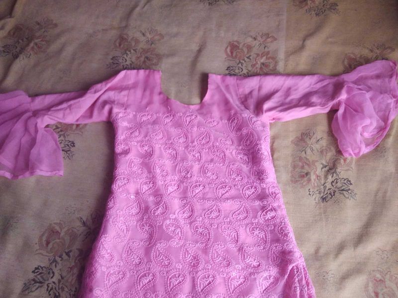 Pink Chikan Kurti with Bell Sleeves
