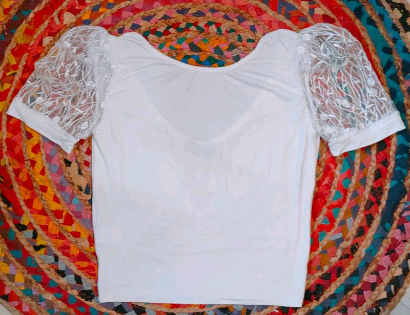 White Crop Top With Emproid Sleeves