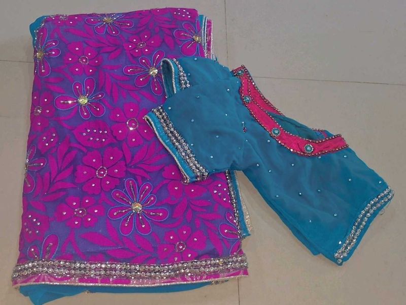 Blue and pink Stones saree