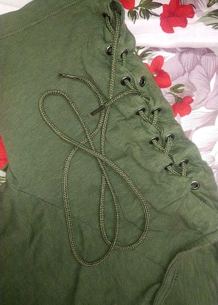 Olive Green Lace-Up Detail Top