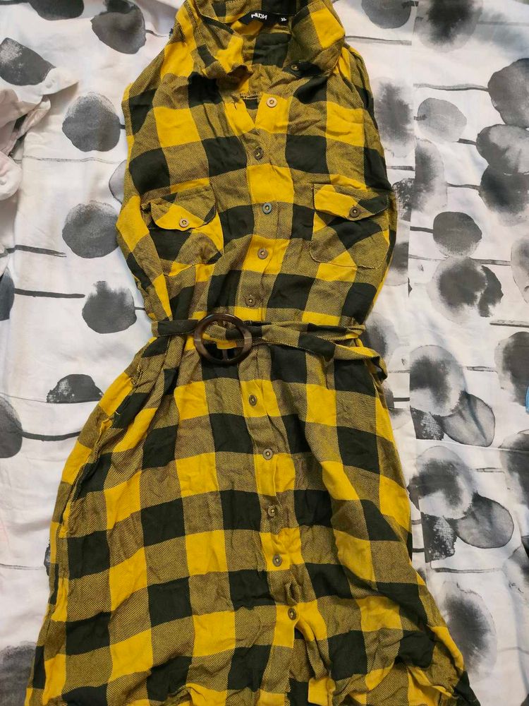 Yellow Plaid Belted Shirt Dress