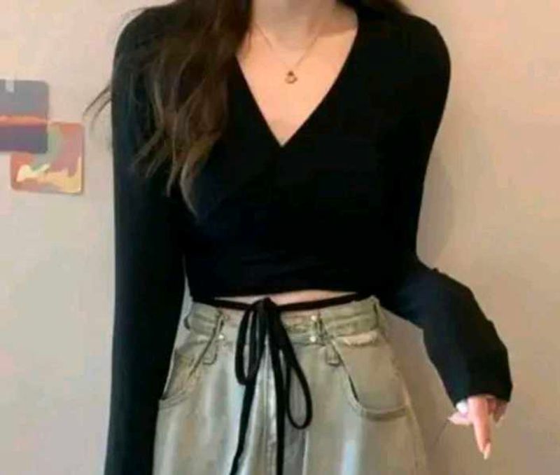 Black Long Sleeve Wrap Top