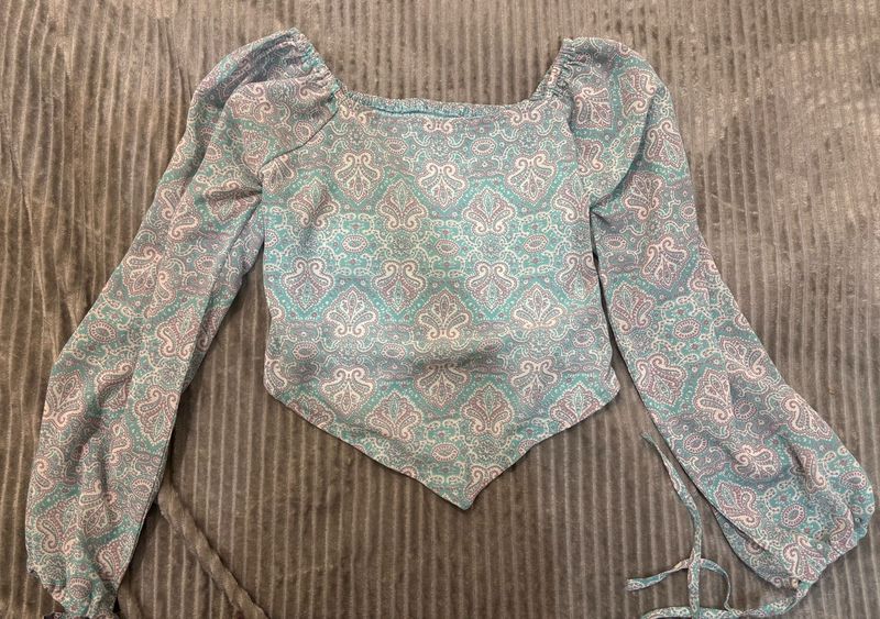 Boho Paisley Long Sleeve Crop Top