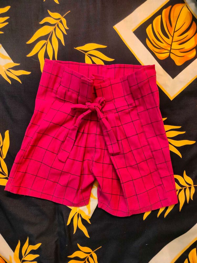Pink Plaid Tie-Waist Shorts