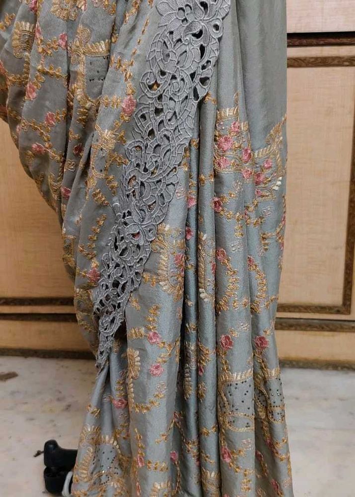 Elegant Grey Embroidered Saree