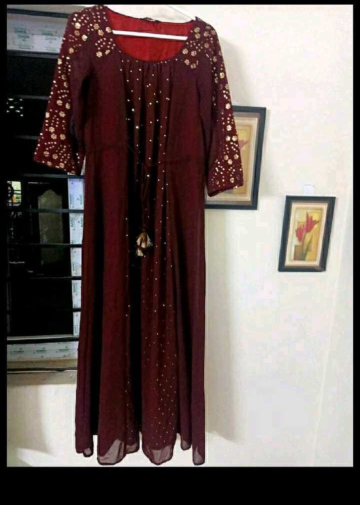 Maroon &amp; Gold Embellished Maxi Dress