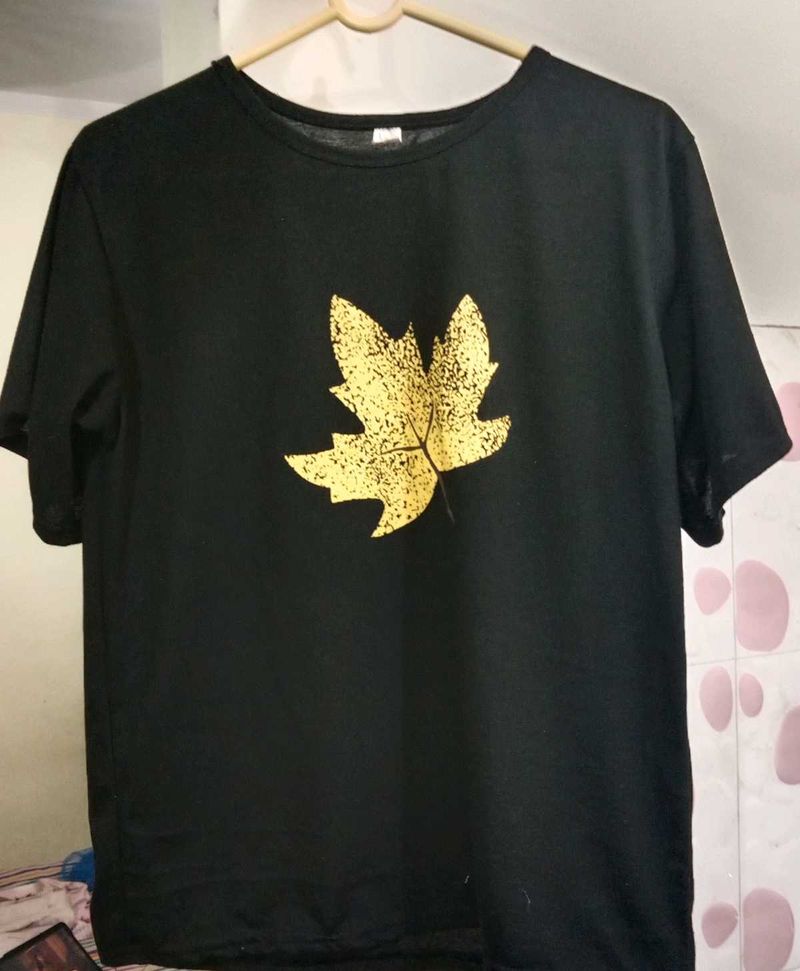Black Tee with Golden Leaf Print