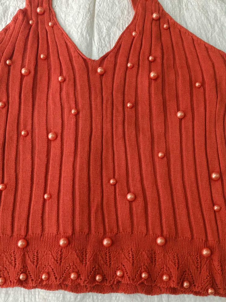 Vintage Coral Knit Halter Top with Pearls