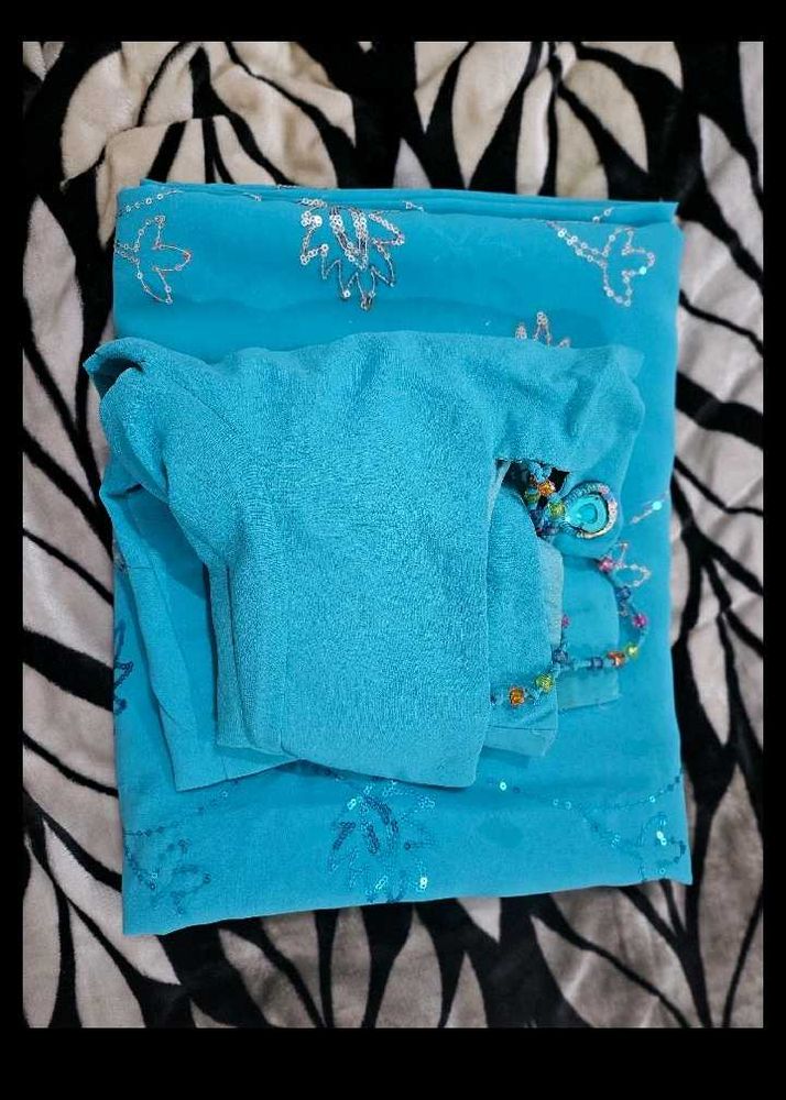 Blue Saree With Stiched Blouse