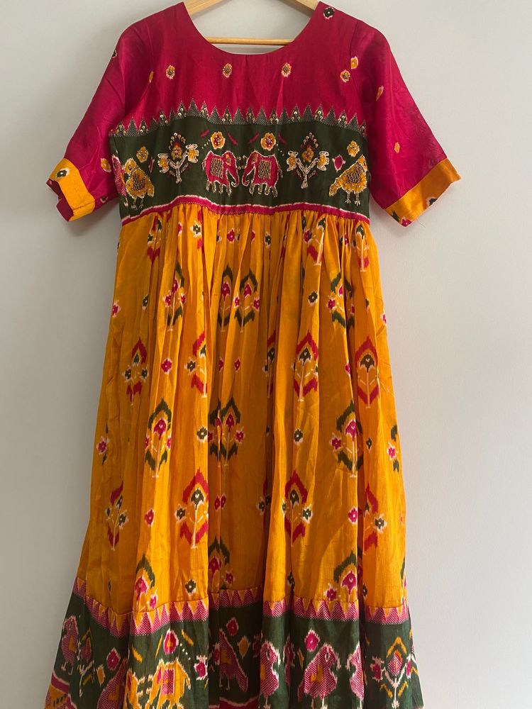 Ikat Print Long Frock With Embroidery Work On Top