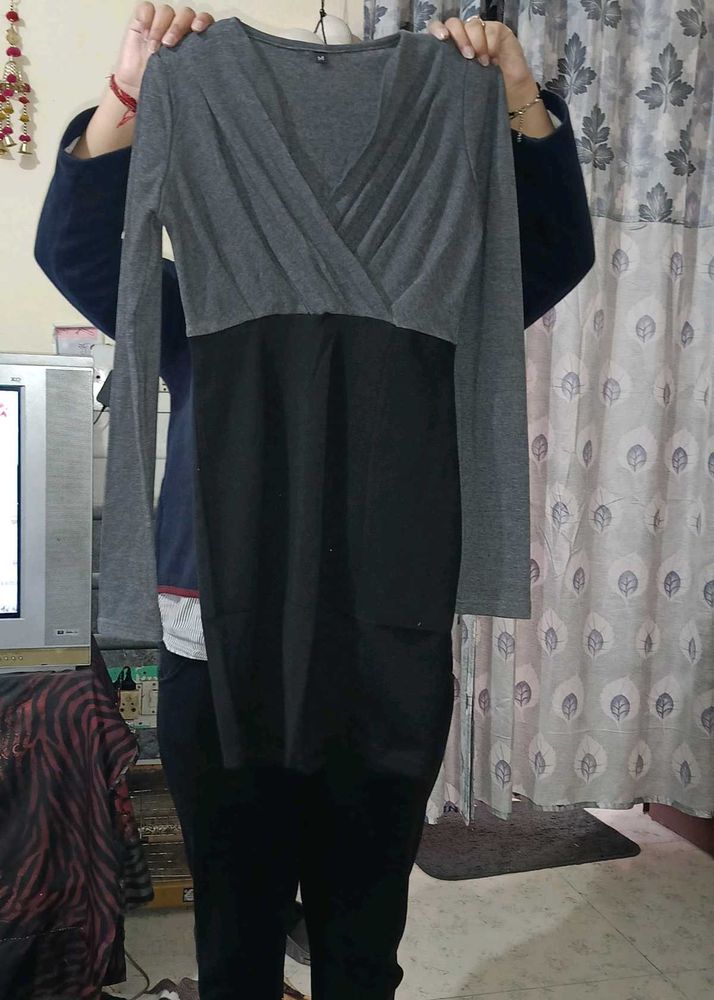 One Piece Dress In Black N Grey Colour