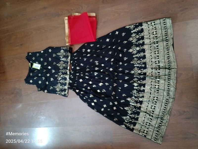 Black &amp; Gold Print Lehenga Set