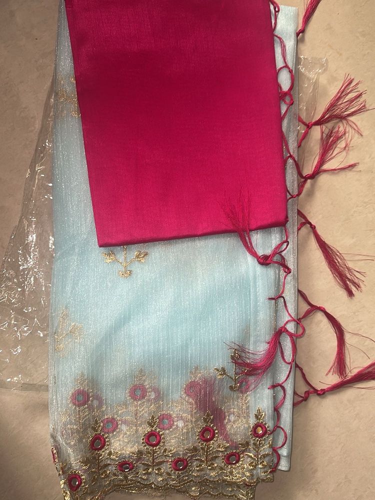 New With Blouse Elegant Blue &amp; Pink Saree