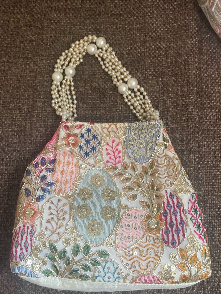 Embroidered Pearl Handle Handbag