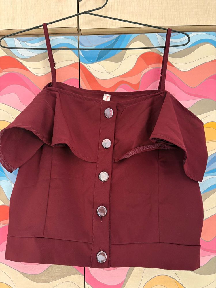 Maroon Ruffle Button-Down Top