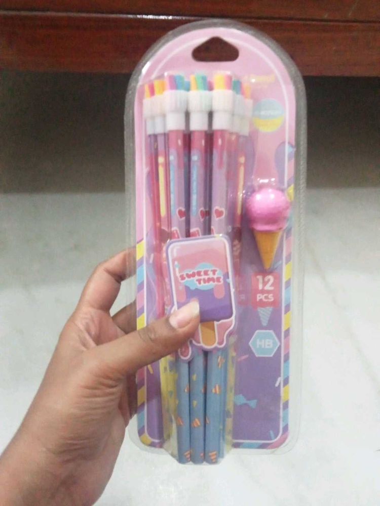 New Cute Set Of 12 Pencils With Eraser