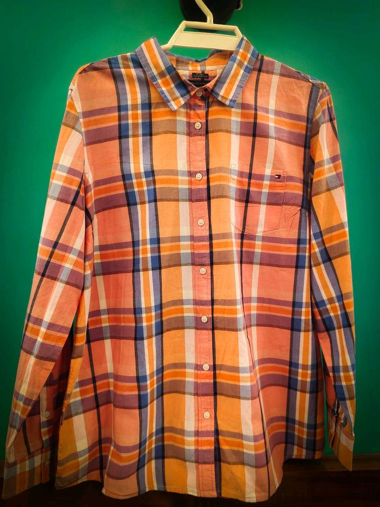 Tommy Hilfiger Size XL Top Plaid Orange Pink Blue