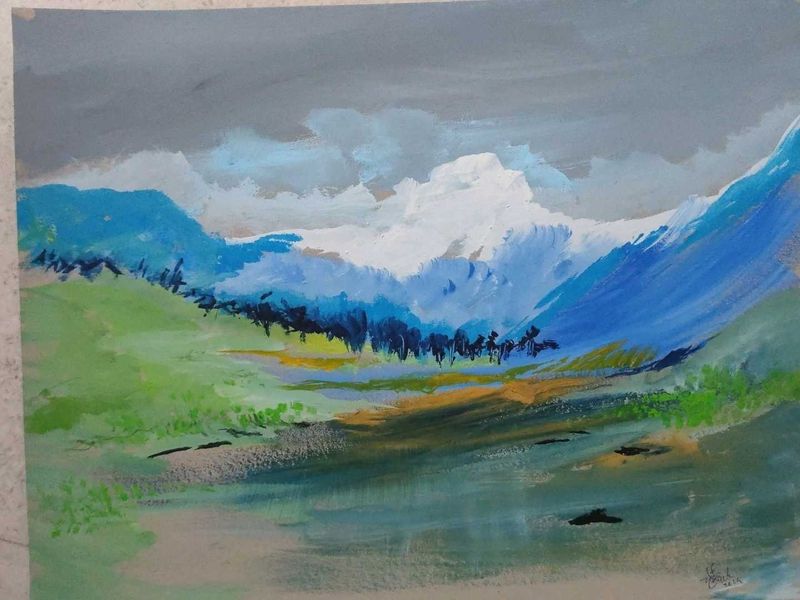 Poster Colour On Paper Landscape Painting