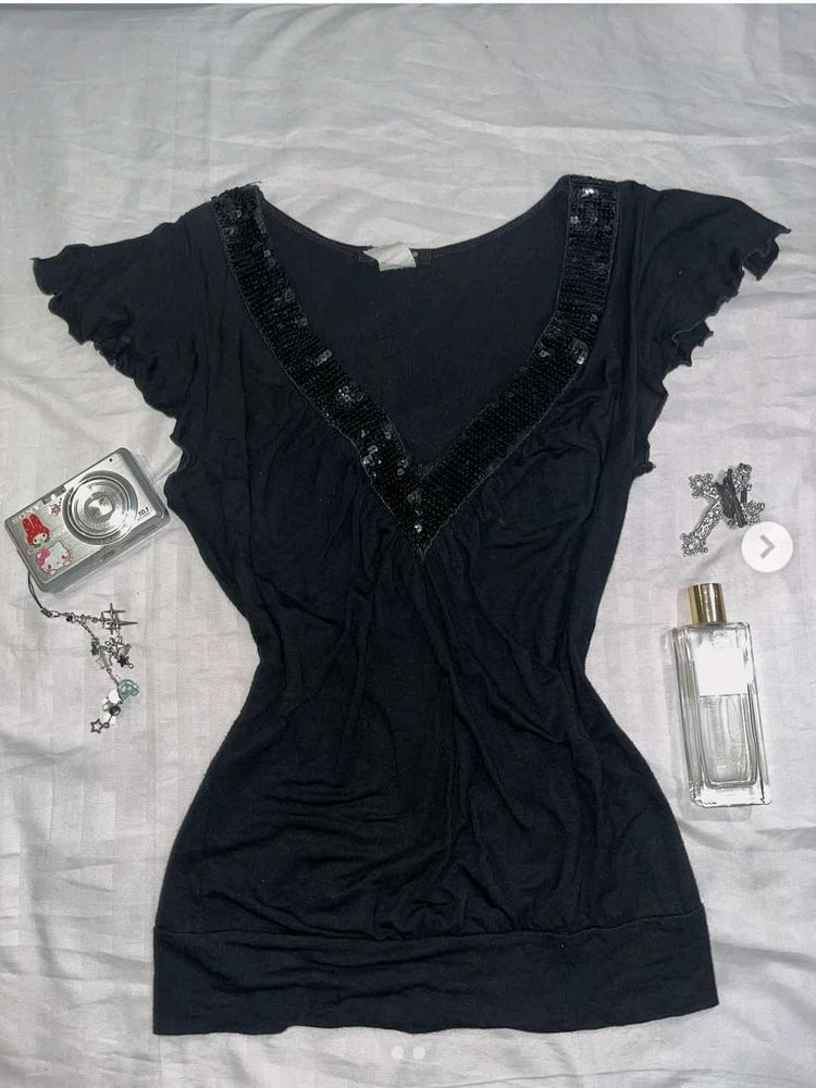 Black Sequin V-Neck Top
