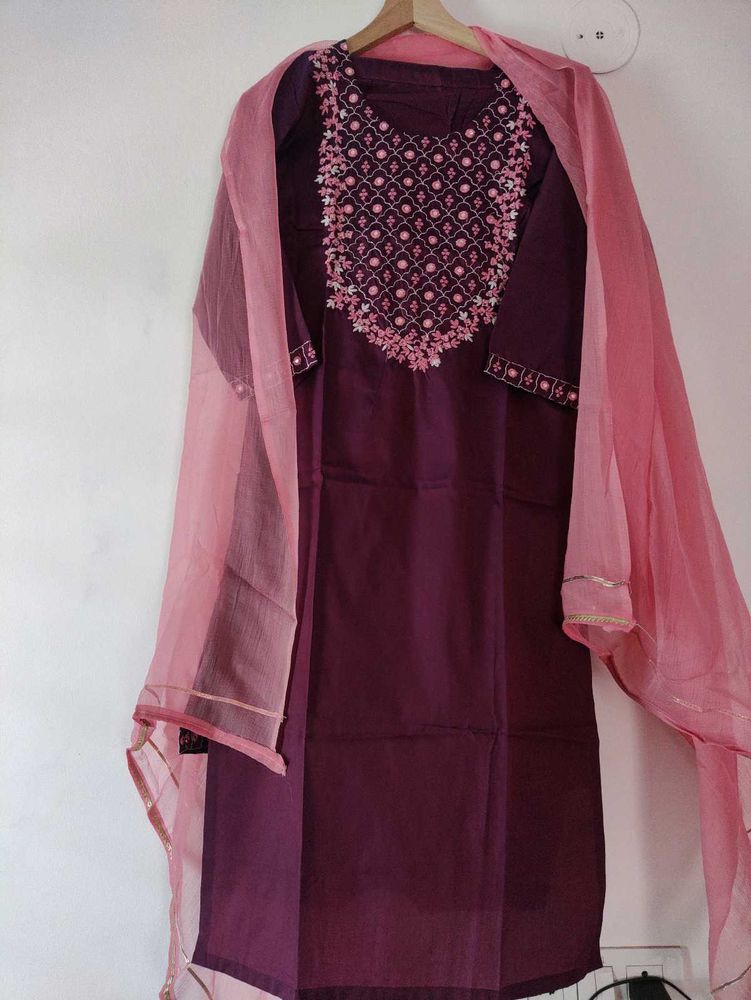 Purple Embroidered Kurta Trouser with Dupatta Set