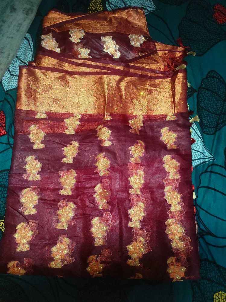 New Burgundy Tissue Silk Long Saree