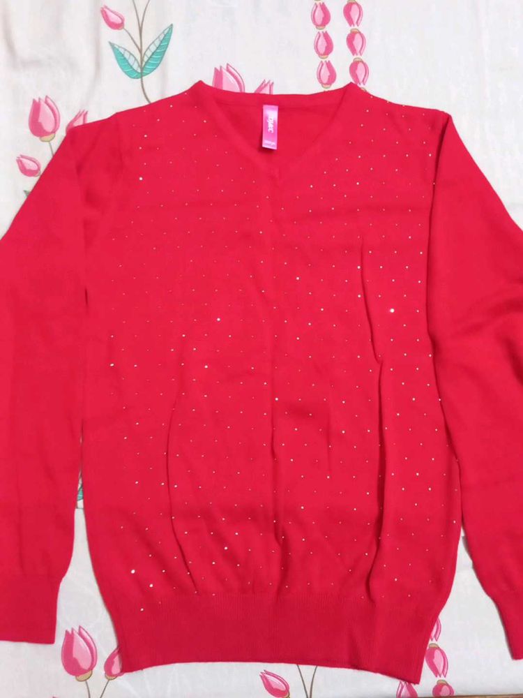 Red V-Neck Embellished Sweater