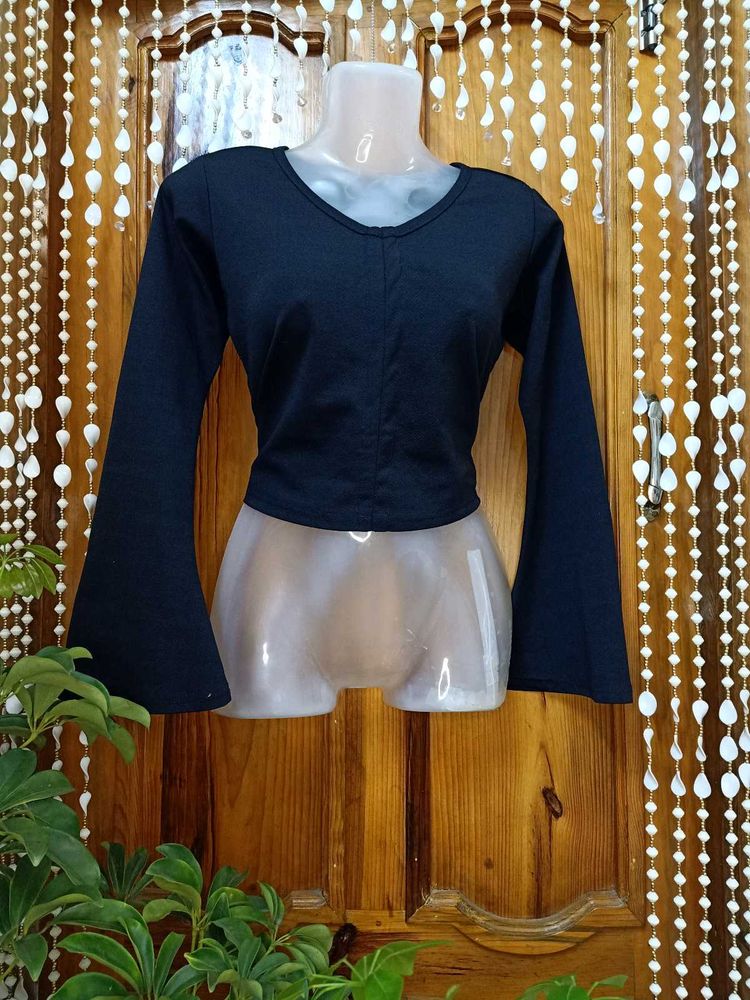 Black Crop Top with Flare Sleeves
