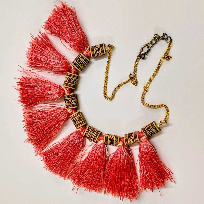 Pink Handmade Tassel Statement Necklace 6in