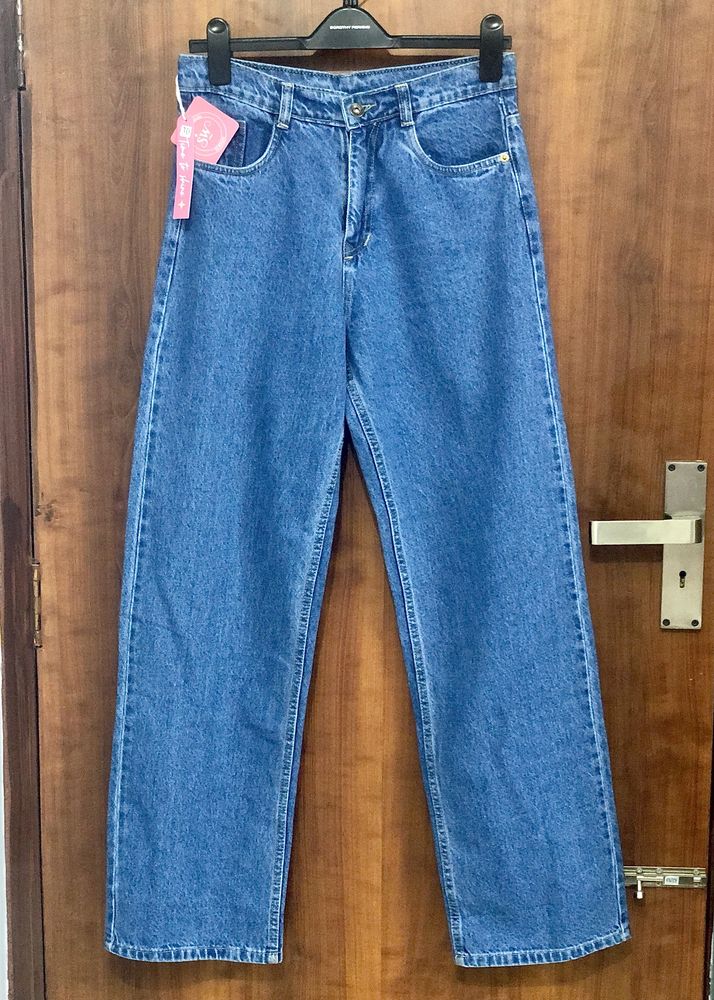 High Waist Stone Blue Straight Fit Denim