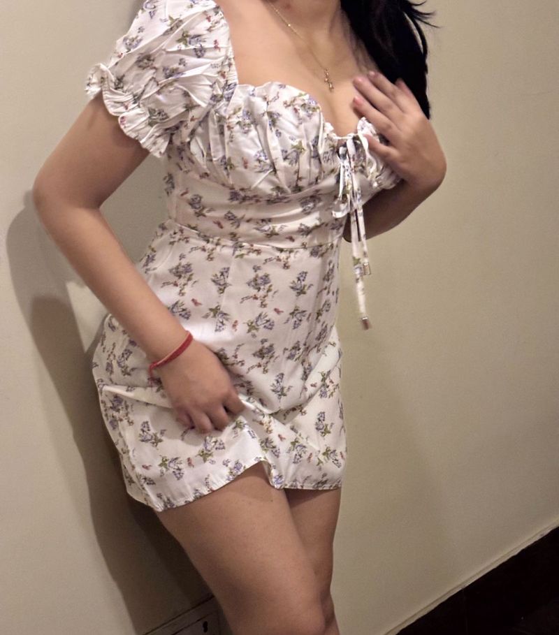 White Floral Puff Sleeve Mini Dress