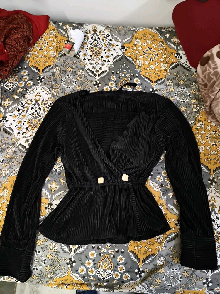 Black Plisse Peplum Top