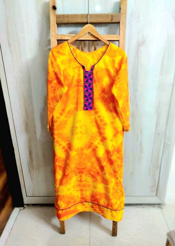 Yellow Tie-Dye Cotton Kurti Size-44-46