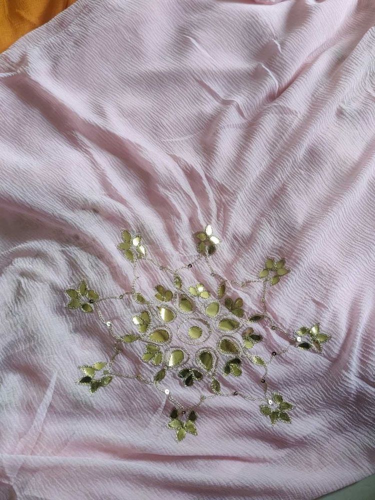 Baby Pink Chiffon Duppata Hand Work All Over