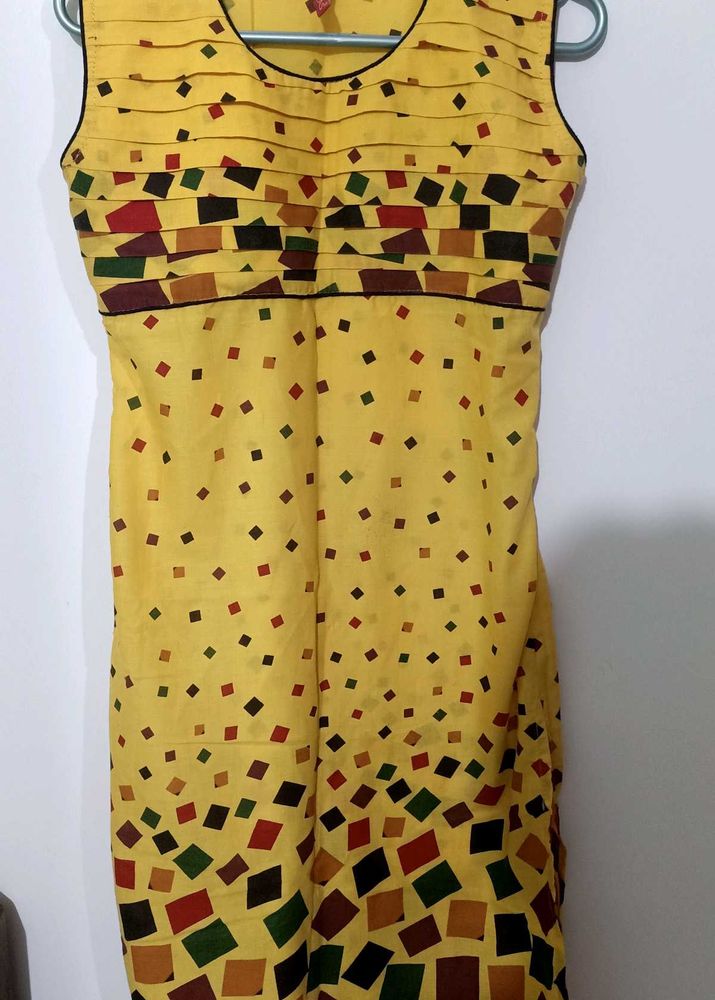 Bright Mustard Yellow Geometric Print Cotton Kurti