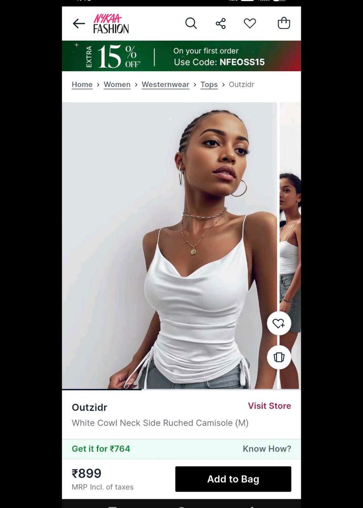 (White Cowl Neck Side Ruched Camisole)