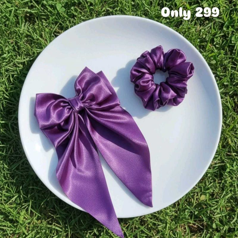 Chic Purple Satin Hair Bow &amp; Scrunchie Duo