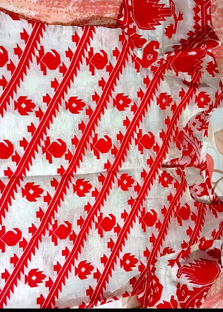 Red And White Pure Silk Kurti