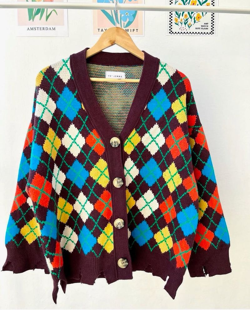 Chunky Knit Sweater In Checkered Print