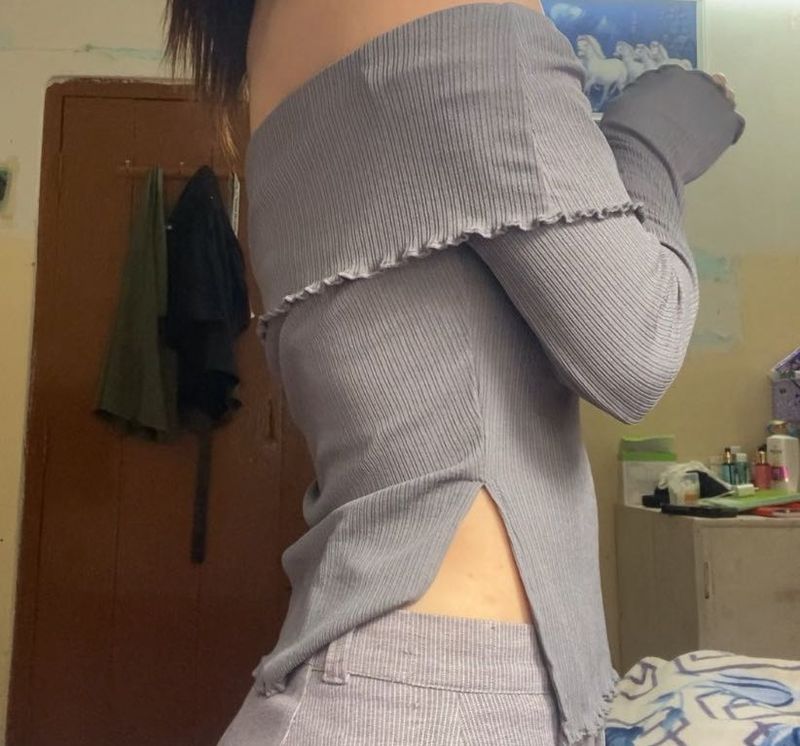 Gray Off-the-Shoulder Ribbed Top