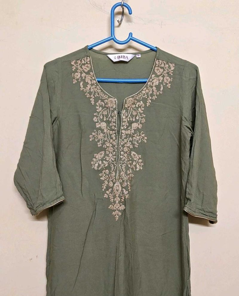 🫅 Biba | Yoke Design Kurta Trouser | Olive Gre
