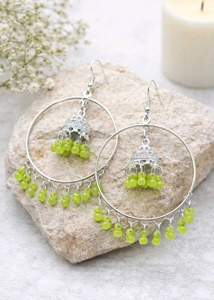 Green Jhumka Hoop Earrings