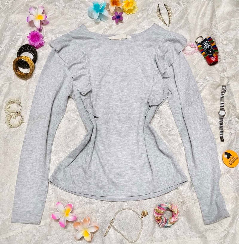 🎁Buy 2 Get 1 Free 🎁Gray Ruffle Long Sleeve Top