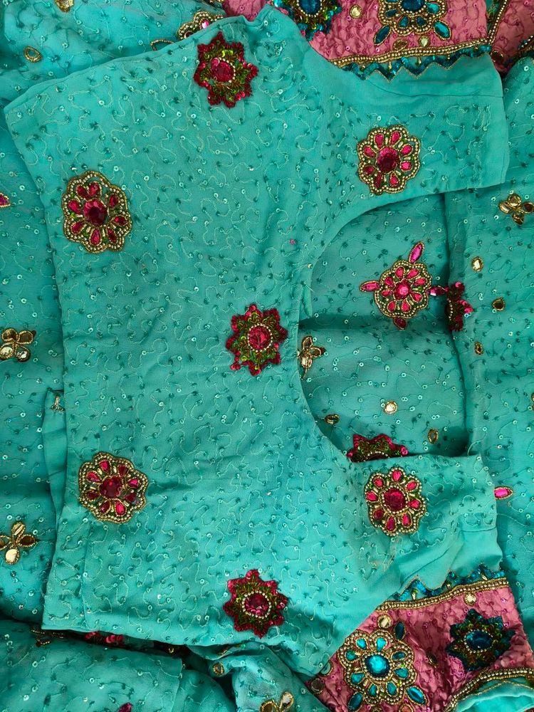 Aqua Embellished Saree with Blouse