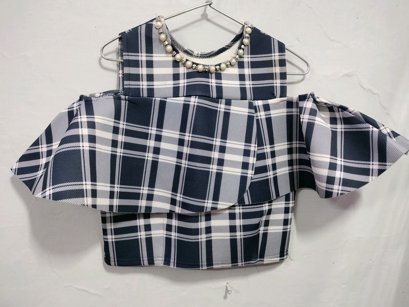 Plaid Pearl Cold Shoulder Top