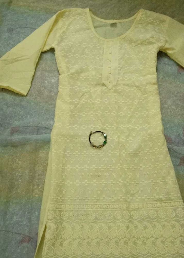 Lucknowi Work Kurti In Yellow Colour