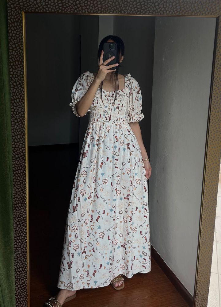 Cream Cowgirl Print Shirred MAXI  Dress