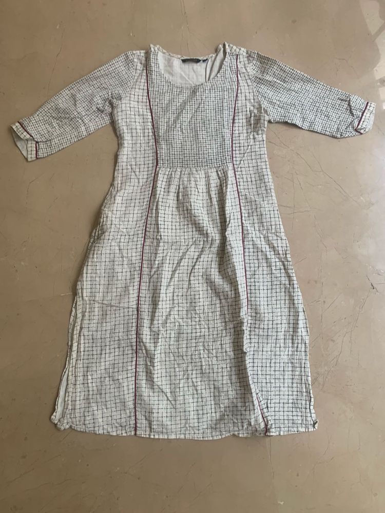 Cream Checked Kurti with Burgundy Accents